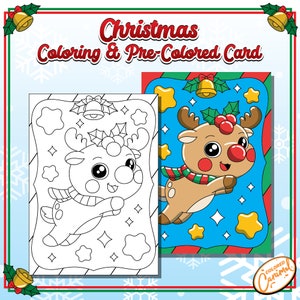 Cartão para colorir de Feliz Natal para crianças, cartão de felicitações colorido e pré-colorido, faça você mesmo, festivo para impressão, download digital instantâneo