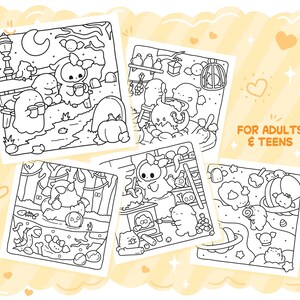 May include: A collection of five black and white coloring pages featuring cute, cartoonish characters in Halloween-themed scenes. The text "FOR ADULTS & TEENS" is visible. The pages depict various settings with pumpkins, ghosts, and other spooky elements.