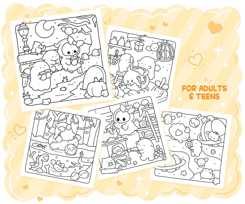 May include: A collection of five black and white coloring pages featuring cute, cartoonish characters in Halloween-themed scenes. The text "FOR ADULTS & TEENS" is visible. The pages depict various settings with pumpkins, ghosts, and other spooky elements.