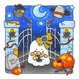 May include: A whimsical Halloween illustration featuring a friendly ghost with a yellow bow, holding flowers, standing before a gate. The scene includes pumpkins, a tombstone with "BOO BOO", a crow, and a crescent moon against a starry night sky.