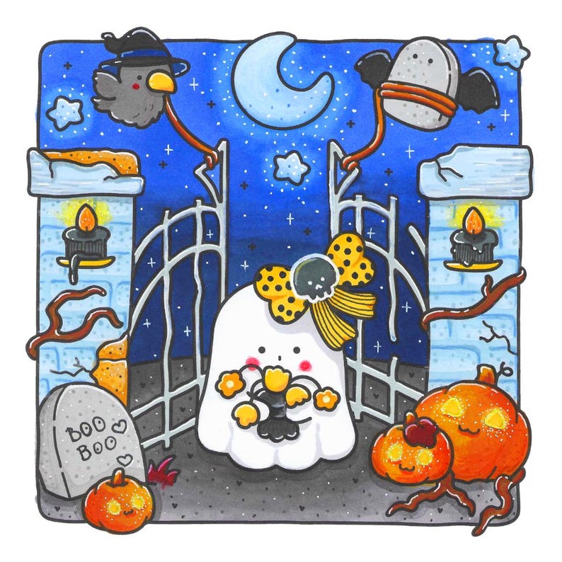 May include: A whimsical Halloween illustration featuring a friendly ghost with a yellow bow, holding flowers, standing before a gate. The scene includes pumpkins, a tombstone with "BOO BOO", a crow, and a crescent moon against a starry night sky.
