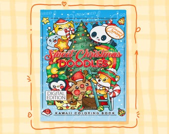 Kawaii Christmas Coloring Book, Printable Instant Digital Download PDF, Colorable Pages with Cute Doodles, Santa Animals and Joyful Elves