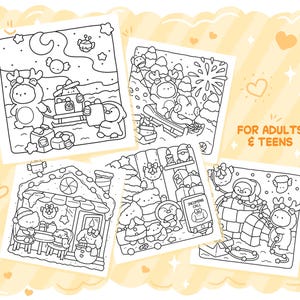 May include: A collection of five black and white coloring pages featuring winter holiday scenes with cartoon characters. The pages include images of snow, gifts, and characters in costumes. Text on the image reads "FOR ADULTS & TEENS".