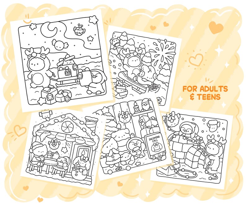 May include: A collection of five black and white coloring pages featuring winter holiday scenes with cartoon characters. The pages include images of snow, gifts, and characters in costumes. Text on the image reads "FOR ADULTS & TEENS".