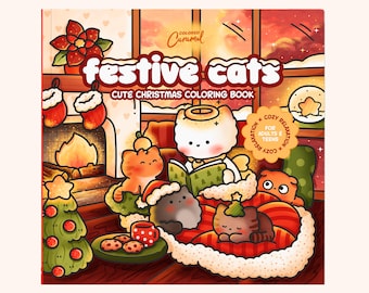 May include: A square coloring book titled Festive Cats Cute Christmas Coloring Book by Colored Caramel. The cover features a warm fireplace, a decorated tree, and several cats in a cozy room with text reading Cozy Relaxation for Adults & Teens.