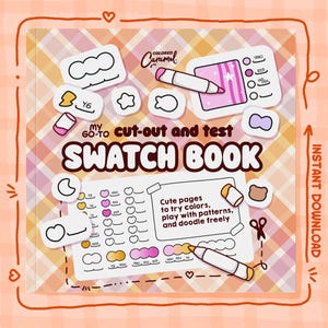 Puede incluir: Un "My Go-To Cut-Out and Test Swatch Book" con un fondo a cuadros. La portada presenta ilustraciones de materiales de arte y el texto "Colored Caramel". Incluye el texto "Cute pages to try colors, play with patterns, and doodle freely".