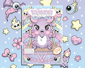 Kawaii Cute and Creepy Pastel Goth Coloring Book, Instant Download Printable PDF Colorable Pages, Fun Stress-Relief Relaxing Illustrations