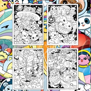May include: Four black and white coloring pages featuring cute cartoon characters in space. The characters are surrounded by stars, planets, and other space-themed objects. The coloring pages are perfect for kids who love to color and space.