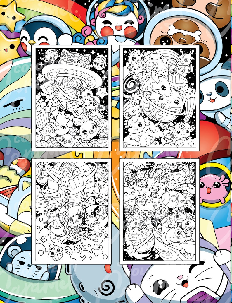 May include: Four black and white coloring pages featuring cute cartoon characters in space. The characters are surrounded by stars, planets, and other space-themed objects. The coloring pages are perfect for kids who love to color and space.