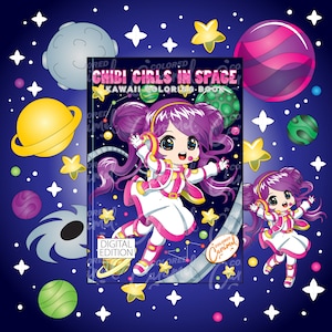 Chibi Girls in Space Kawaii Coloring Book, Printable Instant Digital Download PDF, Colorable Pages with Cute, Sweet Whimsical Dolls, Galaxy
