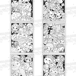 May include: Six black and white illustrations of cute cartoon characters in space. Each illustration features a different theme, including planets, stars, rockets, and aliens.