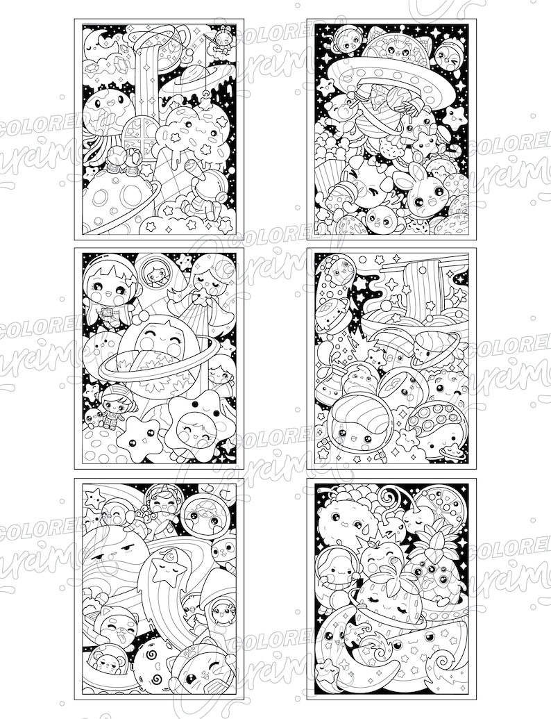 May include: Six black and white illustrations of cute cartoon characters in space. Each illustration features a different theme, including planets, stars, rockets, and aliens.