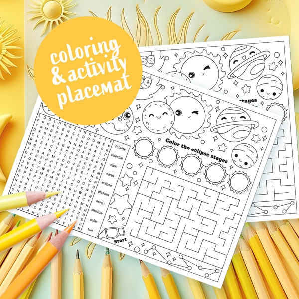 Total Solar Eclipse April 8 2024 Coloring & Activity Placemat for Kids, Creative, Fun Instant Digital Download Printable Sheet with Games