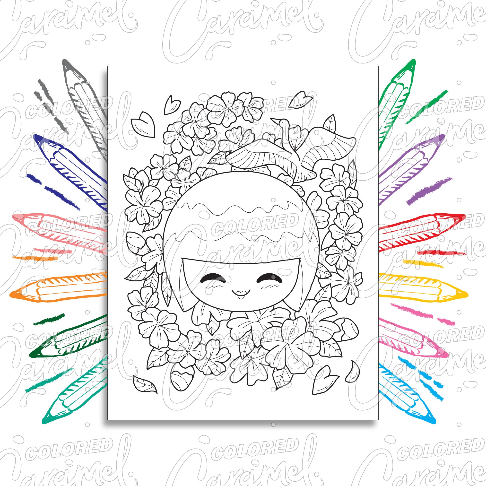 Kawaii Coloring Page Digital Download PDF with Japanese | Etsy