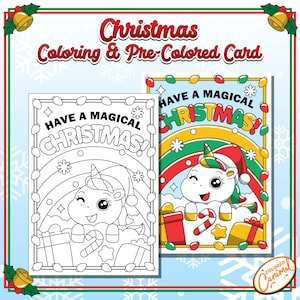 Frohe Weihnachten Einhorn Malkarte Kinder, einfärbbare und vorgefärbte Feiertags-Grußkarte, DIY festliche druckbare sofortiger digitaler Download