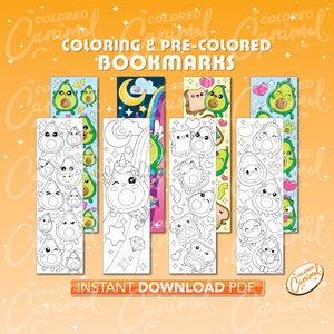 May include: Five printable bookmarks featuring avocado illustrations. The bookmarks are in black and white and can be colored. The bookmarks have a variety of designs, including a unicorn, a cat, and a sandwich.