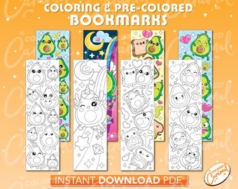May include: Five printable bookmarks featuring avocado illustrations. The bookmarks are in black and white and can be colored. The bookmarks have a variety of designs, including a unicorn, a cat, and a sandwich.