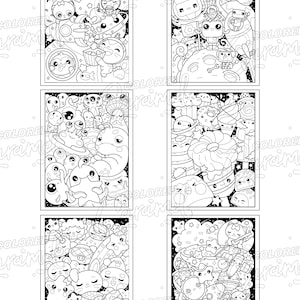 May include: Six black and white coloring pages featuring cute cartoon characters in space. The pages include planets, stars, rockets, and other space-themed elements.