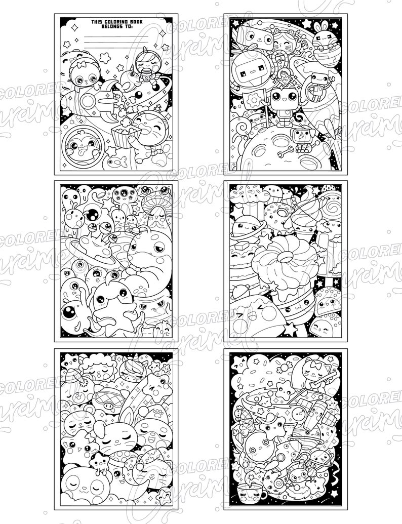 May include: Six black and white coloring pages featuring cute cartoon characters in space. The pages include planets, stars, rockets, and other space-themed elements.