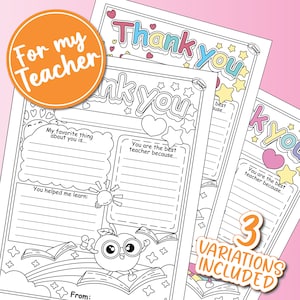 Thank You Teacher Printable Coloring Page, Gift for End of School and Appreciation Week, Cute, Fun Instant Digital Download PDF Sheet