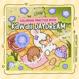 Może przedstawiać: Książka do kolorowania zatytułowana "Kawaii DAYDREAM" z ilustracją z kreskówki. Okładka przedstawia białego królika czytającego książkę, brązowego misia jedzącego i fioletowe stworzenie. Książka ma kwiatowe tło z tekstem "COZY WORKBOOK TO TRAIN YOUR SKILLS".