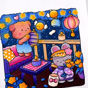 May include: A colorful illustration of a nighttime scene with a bear and mouse. The bear holds a purple lantern, and the mouse carries flowers and a gift. The background features stars, floating lanterns, and a pink and purple color scheme.