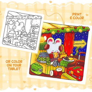 May include: A colorful illustration featuring a mouse character in a cozy setting with a cup of tea, surrounded by luggage and sweets. The image includes the text "Print & Color" and "Wonderland". There is also a black and white version of the illustration.