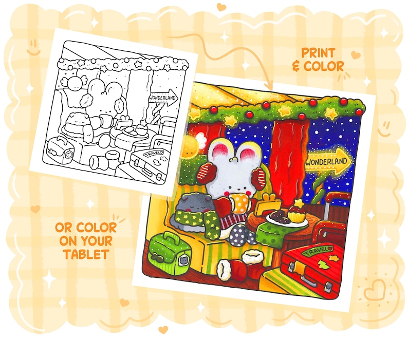 May include: A colorful illustration featuring a mouse character in a cozy setting with a cup of tea, surrounded by luggage and sweets. The image includes the text "Print & Color" and "Wonderland". There is also a black and white version of the illustration.
