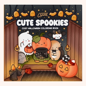 May include: A square coloring book titled CUTE SPOOKIES COZY HALLOWEEN COLORING BOOK by Colored Caramel. The cover features a cartoon ghost, a pumpkin character, and a bat character standing in a doorway with candles and a jack-o'-lantern.