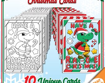 Christmas Coloring Cards for Kids, Set of 10 Colorable and Colored Holiday Greeting Cards, DIY Festive Printable Instant Digital Download