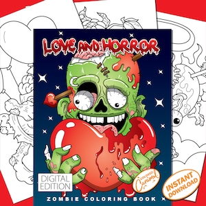 Puede incluir: Una portada de libro de colorear digital que presenta un zombie verde con puntadas sosteniendo un corazón rojo con sangre goteando. El título es "Love and Horror" y el texto "Zombie Coloring Book" está debajo de la imagen. El texto "Digital Edition" está en la esquina inferior izquierda y "Colored Caramel" está en la esquina inferior derecha.