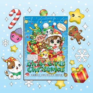 Chibi Girls Christmas Kawaii Kolorowanka, Wydrukuj Natychmiastowe cyfrowe pobieranie PDF, Kolorowanki ze słodkimi, radosnymi, świątecznymi lalkami Świętego Mikołaja