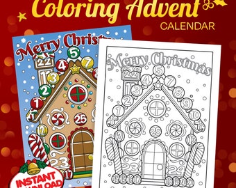 Calendrier de l’Avent de Noël à colorier avec maison en pain d’épice, téléchargement instantané PDF imprimable, compte à rebours de décembre, page couleur festive