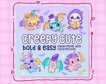 Creepy Cute Kawaii Pastel Coloring Book, Printable Instant Digital Download PDF, 55 Pages with Easy and Bold Colorable Illustrations