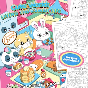 かわいいライフぬり絵本、印刷可能なインスタントデジタルダウンロードPDF、かわいいファンタジー動物と魔法のイラストが描かれた塗り絵ページ