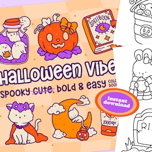 ハロウィーンの塗り絵、かわいい、不気味な印刷可能なインスタントデジタルダウンロードPDF、50ページの大きくて簡単で大胆な塗り絵のイラスト