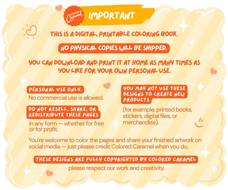 May include: A digital, printable coloring book announcement with text in a playful font. The text includes instructions for personal use, copyright information, and a disclaimer about no physical copies being shipped.