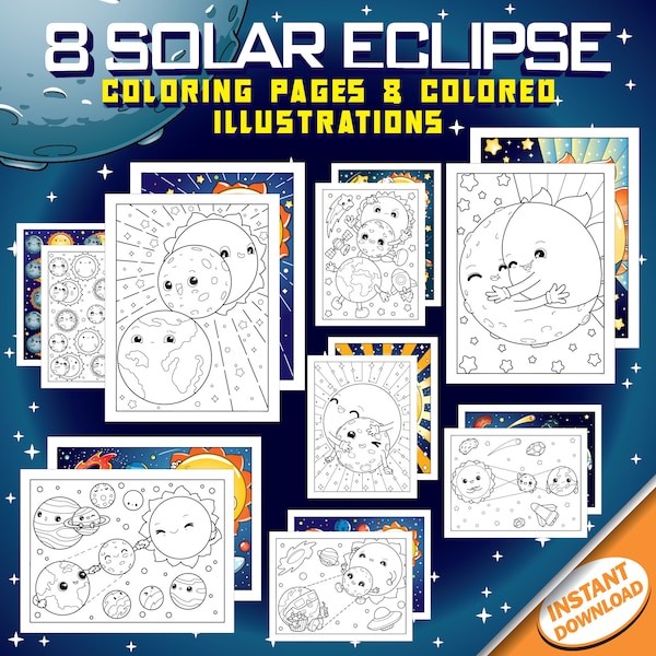 Total Solar Eclipse April 2024, Set of 8 Coloring Pages for Kids, Cute Printable Instant Digital Download PDF Sheets with Sun, Earth, Moon