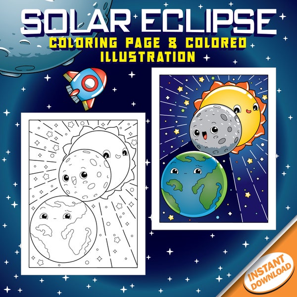 Total Solar Eclipse April 8 2024 Coloring Page for Kids, Cute Printable Instant Digital Download PDF Sheets with Sun, Earth, Moon, Galaxy