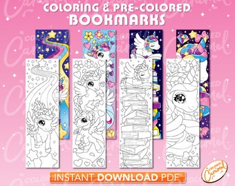 Puede incluir: Conjunto de cinco marcapáginas de unicornio imprimibles, dos están precoloreados y tres están en blanco y negro para colorear. Los marcapáginas presentan unicornios con arcoíris, estrellas, corazones y libros. El texto "COLORING & PRE-COLORED BOOKMARKS" está en la parte superior de la imagen. El texto "INSTANT DOWNLOAD PDF" está en la parte inferior de la imagen.