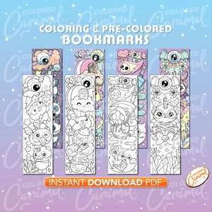 Creepy Kawaii Coloring Bookmarks, Printables Instant Digital Download PDF, Cute Set of Colorable Colorful DIY Make Your Own Marker for Books