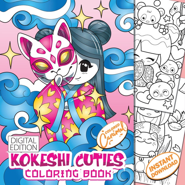 Kokeshi Dolls Kawaii Coloring Book, Instant Digital Download Printable PDF Stress-Free Colorable Pages with Japanese Geisha Girls, Sakura