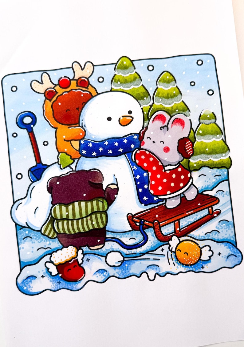 Merry Christmas Coloring Pages, 40 Cute, Cozy & Comfy Winter Illustrations with Little Friends (Printable Instant Digital Download PDF) image 7