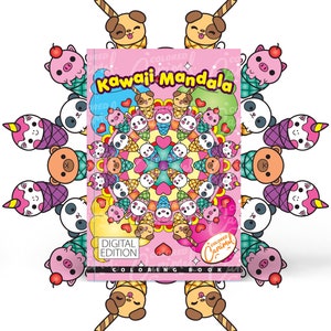 Kawaii Mandala Libro para colorear Descarga instantánea Páginas para colorear PDF imprimibles digitales con patrones lindos, dulces, animales, elementos japoneses