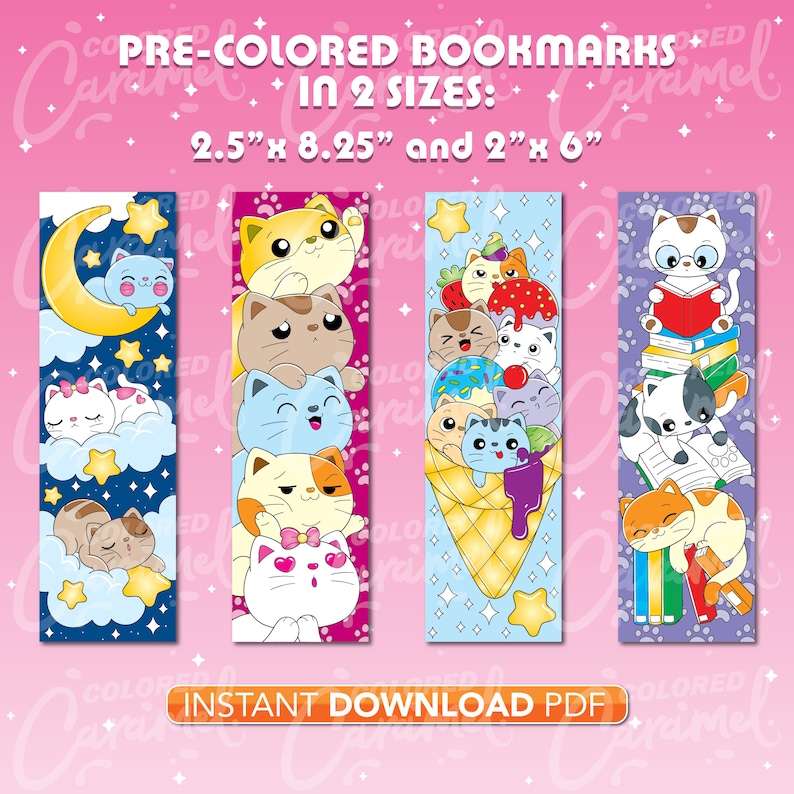 Kawaii Cats Coloring Bookmarks, Printables Instant Digital Download PDF, Cute Set of Colorable, Colorful DIY Make Your Own Marker for Books image 3