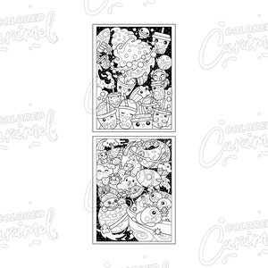 May include: Two black and white coloring pages featuring a space-themed doodle with planets, stars, rockets, and aliens. The top page features a large ice cream cone with a cherry on top. The bottom page features a large planet with a face.