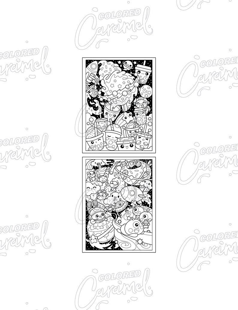 May include: Two black and white coloring pages featuring a space-themed doodle with planets, stars, rockets, and aliens. The top page features a large ice cream cone with a cherry on top. The bottom page features a large planet with a face.