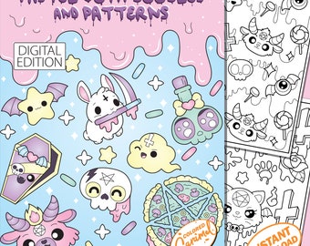 Kawaii Cute and Creepy Pastel Goth Coloring Book, Instant Download Printable PDF Colorable Pages, Fun Stress-Relief Relaxing Patterns