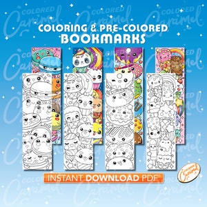 Kawaii Süßigkeiten Färbung Lesezeichen, Ausdrucke sofortiger digitaler Download PDF, niedliches Set von einfärbbaren bunten DIY machen Ihre eigenen Marker für Bücher