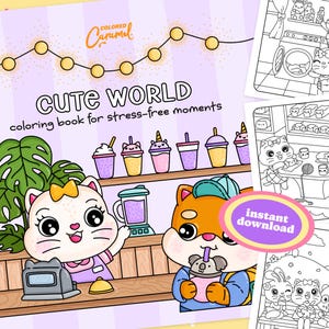 かわいいカワイイワールドぬり絵本、印刷可能なインスタントデジタルダウンロードPDF、楽しい動物の塗り絵ページ、大胆で簡単なイラスト